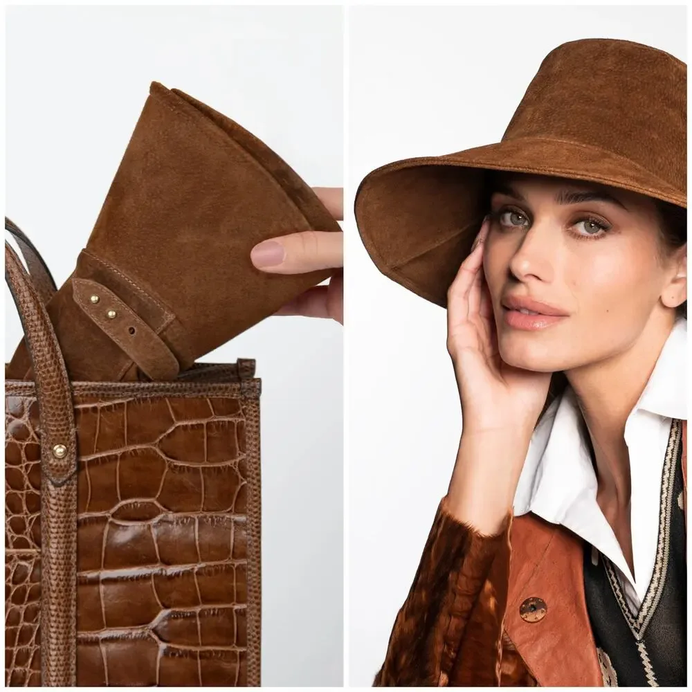 Eric Javits Anette Tabac Hat Brown Calf Suede Packable Floppy Water Repell UPF - Picture 3 of 8
